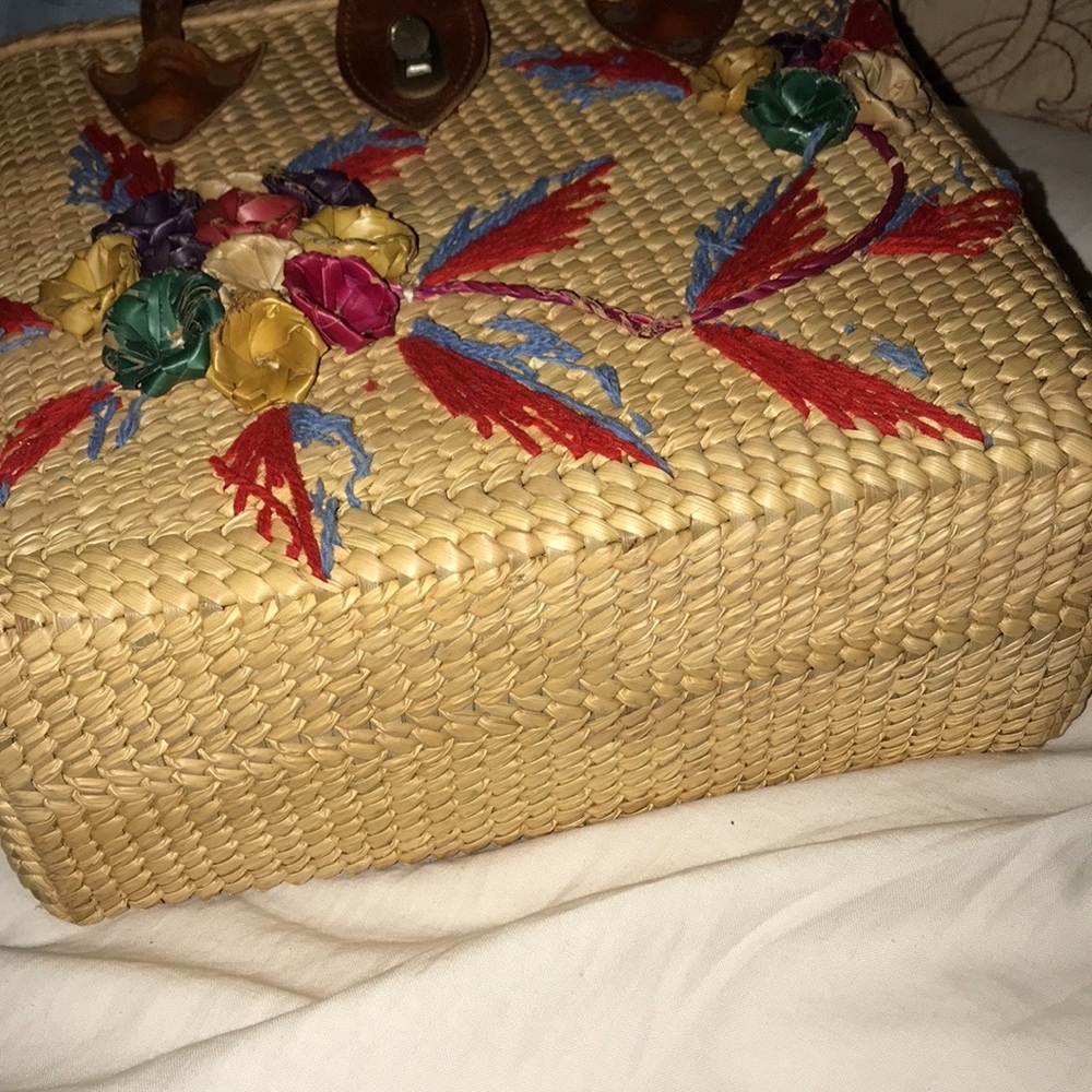 Vtg 1970s Handwoven Boho Straw Floral Handbag - Picture 6 of 14